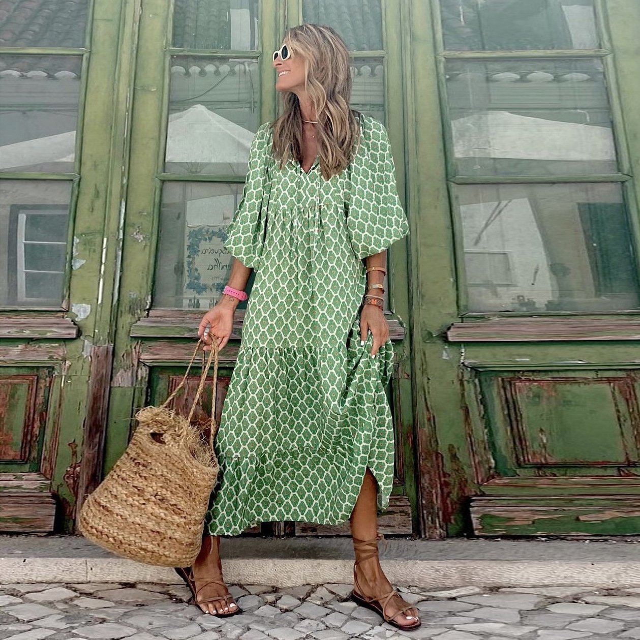 ⏳Begränsad tid 50% REA💥Elegant dam-Boho-maxikjol med puffärmar och blommönster