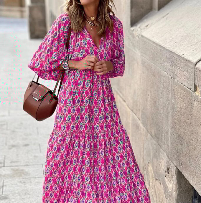 ⏳Begränsad tid 50% REA💥Elegant dam-Boho-maxikjol med puffärmar och blommönster