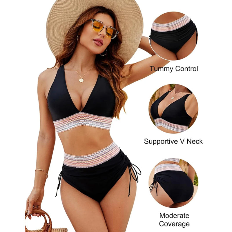 2025 Höga Midjekontroll-Bikinis med Färgblockdesign