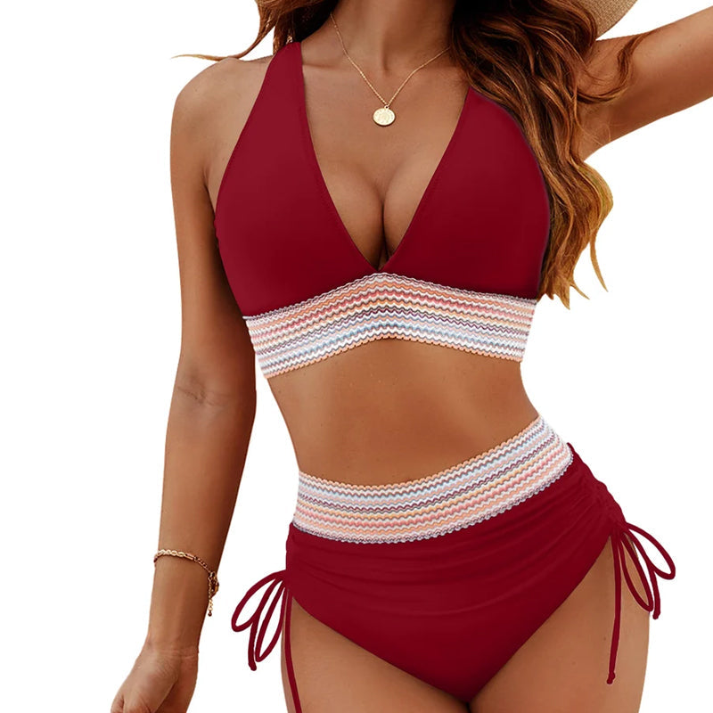 2025 Höga Midjekontroll-Bikinis med Färgblockdesign