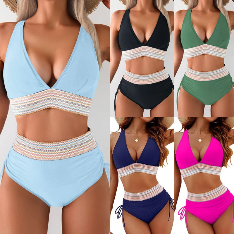 2025 Höga Midjekontroll-Bikinis med Färgblockdesign