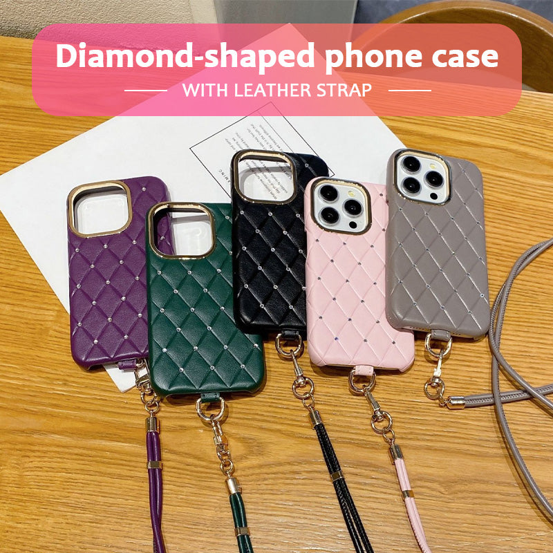 Diamantformat mobilskal med läderrem💎✨