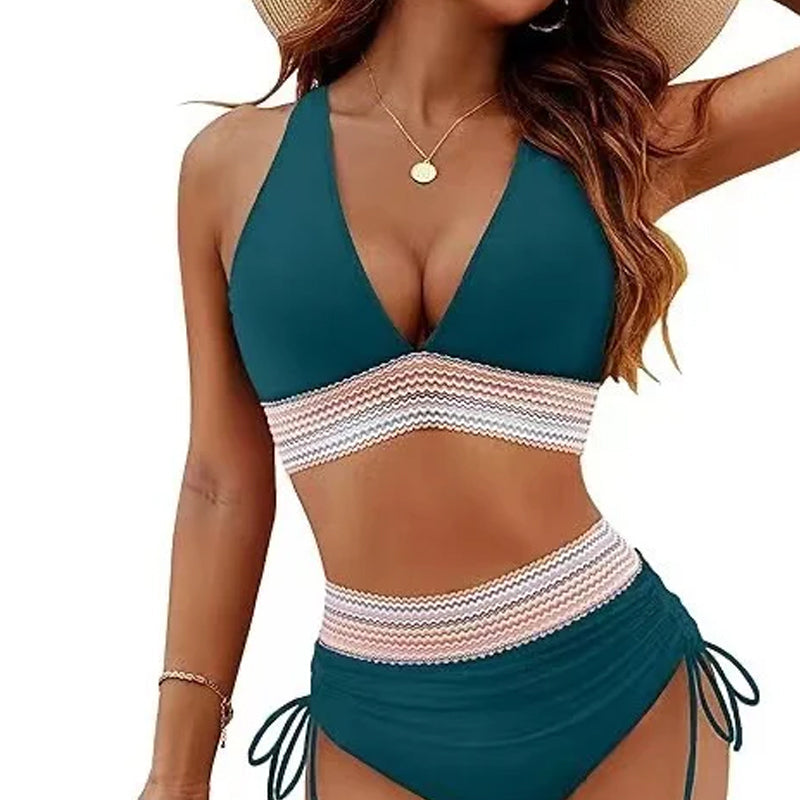 2025 Höga Midjekontroll-Bikinis med Färgblockdesign
