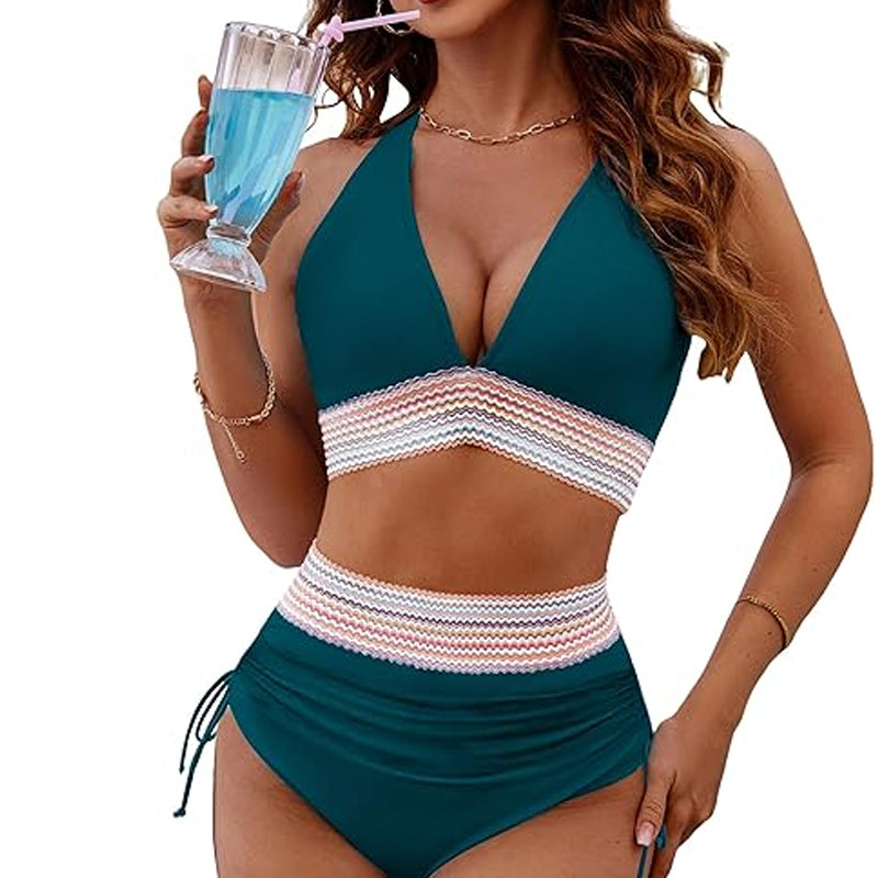 2025 Höga Midjekontroll-Bikinis med Färgblockdesign
