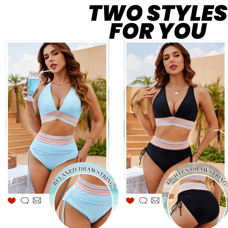 2025 Höga Midjekontroll-Bikinis med Färgblockdesign