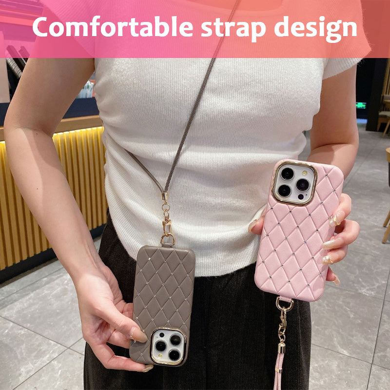 Diamantformat mobilskal med läderrem💎✨