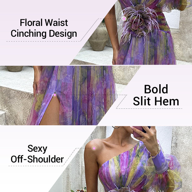 🎉Morsdag 50% rabatt💃 Multicolor Asymmetrisk festklänning med blomdetaljer