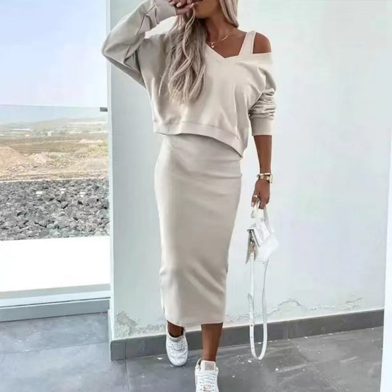 đ„Effortless EleganceđKvinnor 2-delat set - Ărmlös klĂ€nning & lös V-neckad tröja