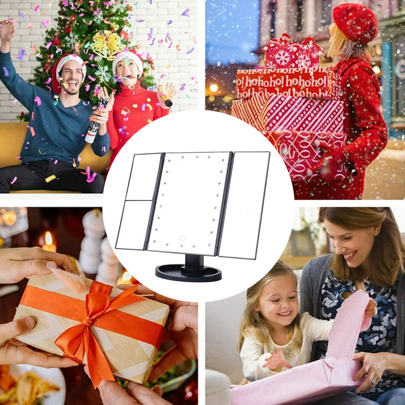 Tre-sidigt fÀllbar Led sminkspegel