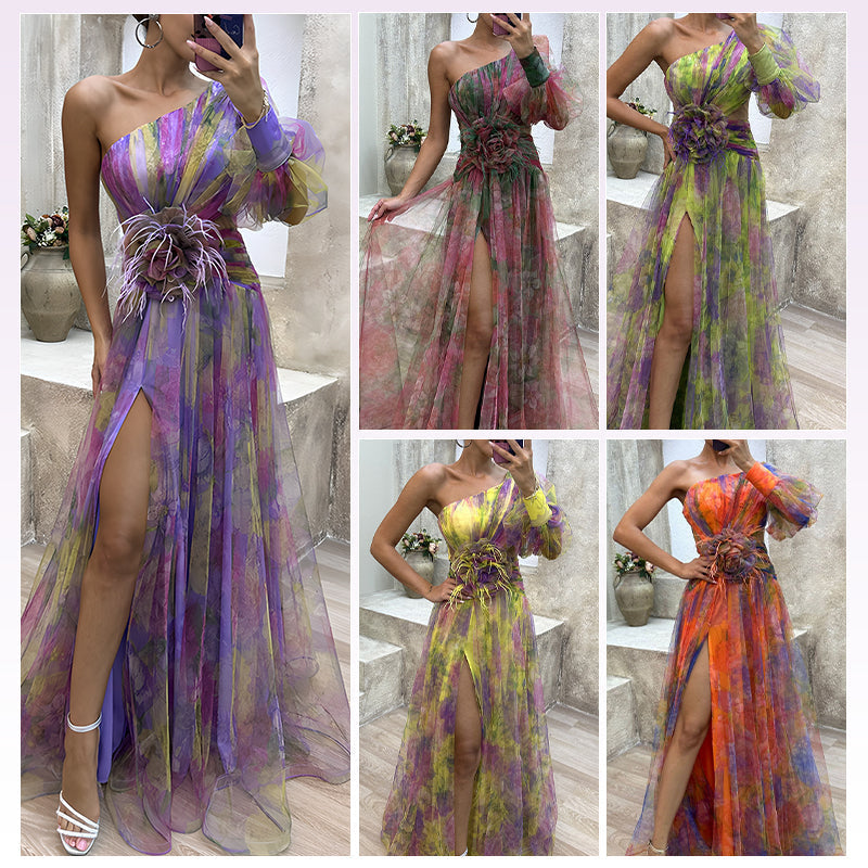 🎉Morsdag 50% rabatt💃 Multicolor Asymmetrisk festklänning med blomdetaljer