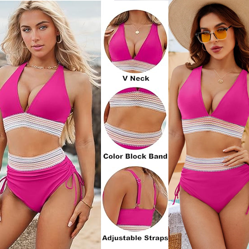 2025 Höga Midjekontroll-Bikinis med Färgblockdesign