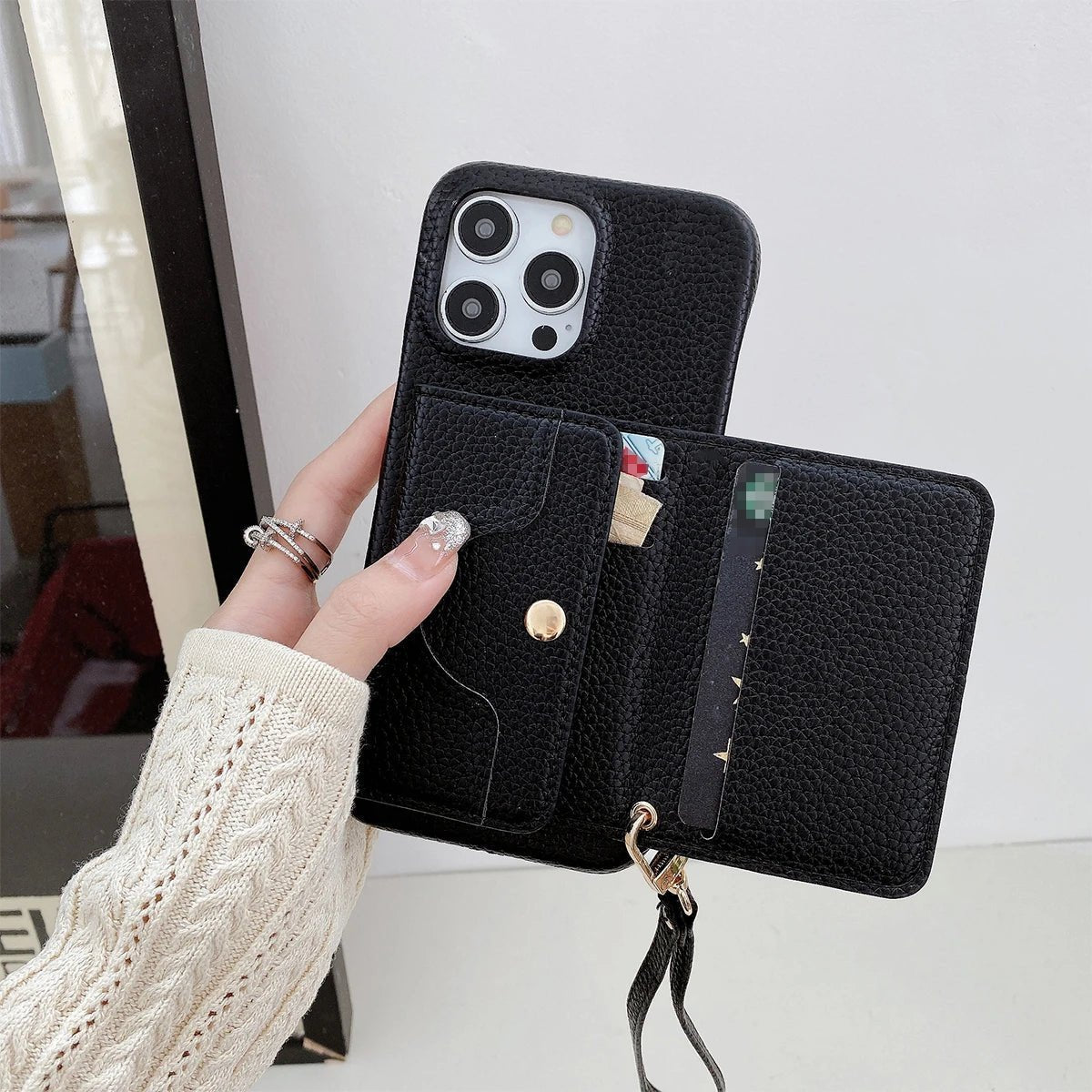 Telefonfodral med korthållare i spegelblankt läder/Luxe Mirrored Leather Card Holder Phone Case