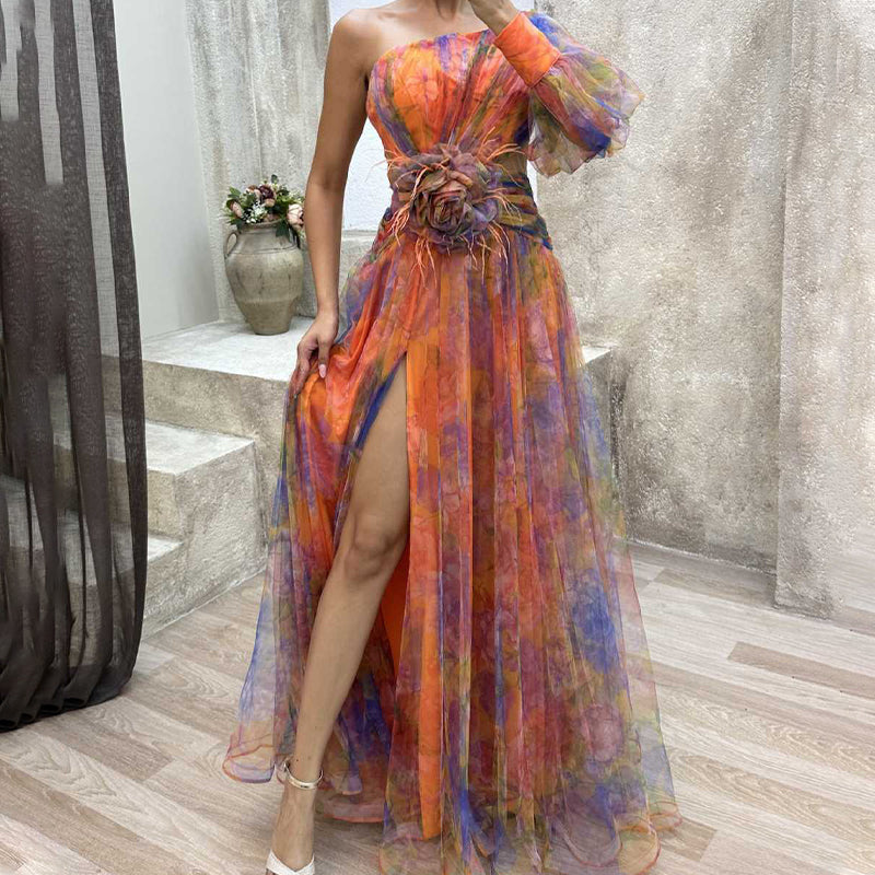 🎉Morsdag 50% rabatt💃 Multicolor Asymmetrisk festklänning med blomdetaljer