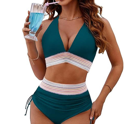 2025 Höga Midjekontroll-Bikinis med Färgblockdesign