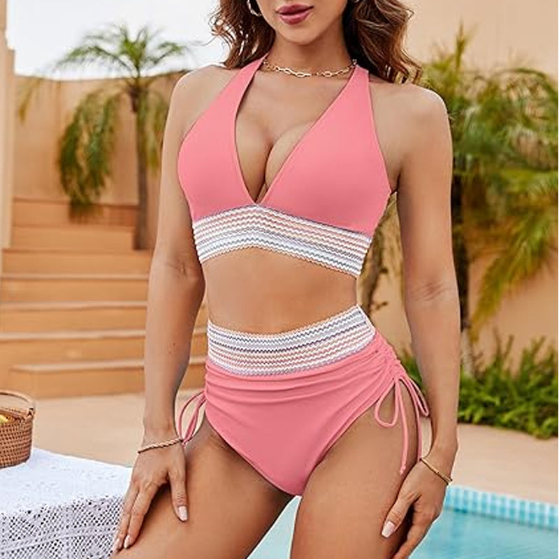 2025 Höga Midjekontroll-Bikinis med Färgblockdesign
