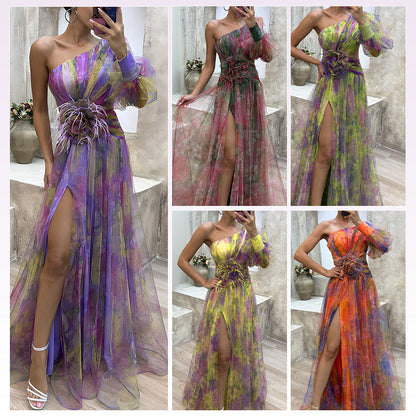 🎉Morsdag 50% rabatt💃 Multicolor Asymmetrisk festklänning med blomdetaljer