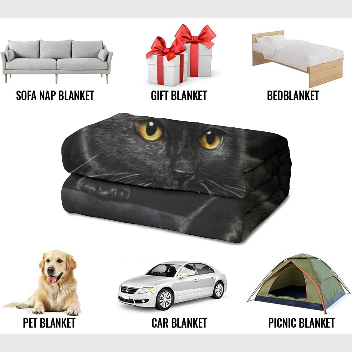 Söt svart kattmönstrad flanellfilt