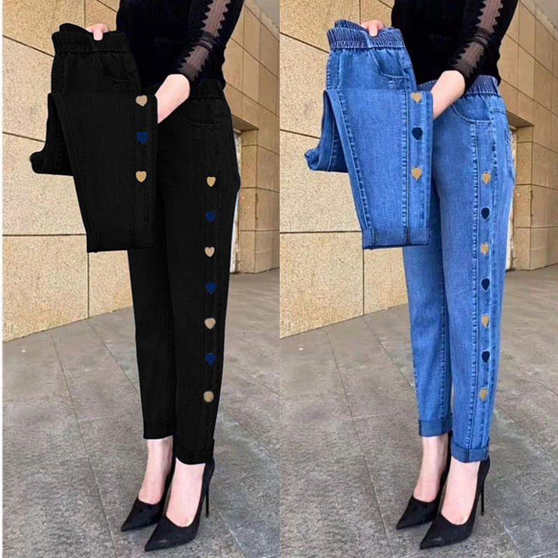 Damjeans Med Hög Stretch Och Hjärtbroderi