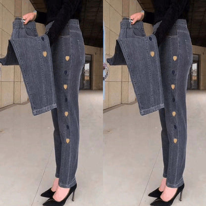 Damjeans Med Hög Stretch Och Hjärtbroderi