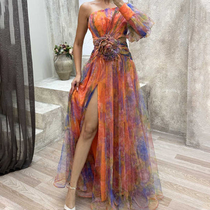 🎉Morsdag 50% rabatt💃 Multicolor Asymmetrisk festklänning med blomdetaljer