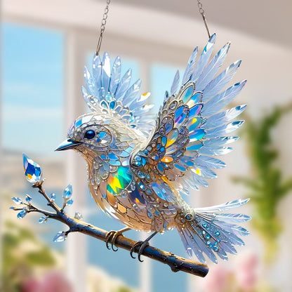🐦✨Kristall blå fågel i himmels – målad glaskonst hänge