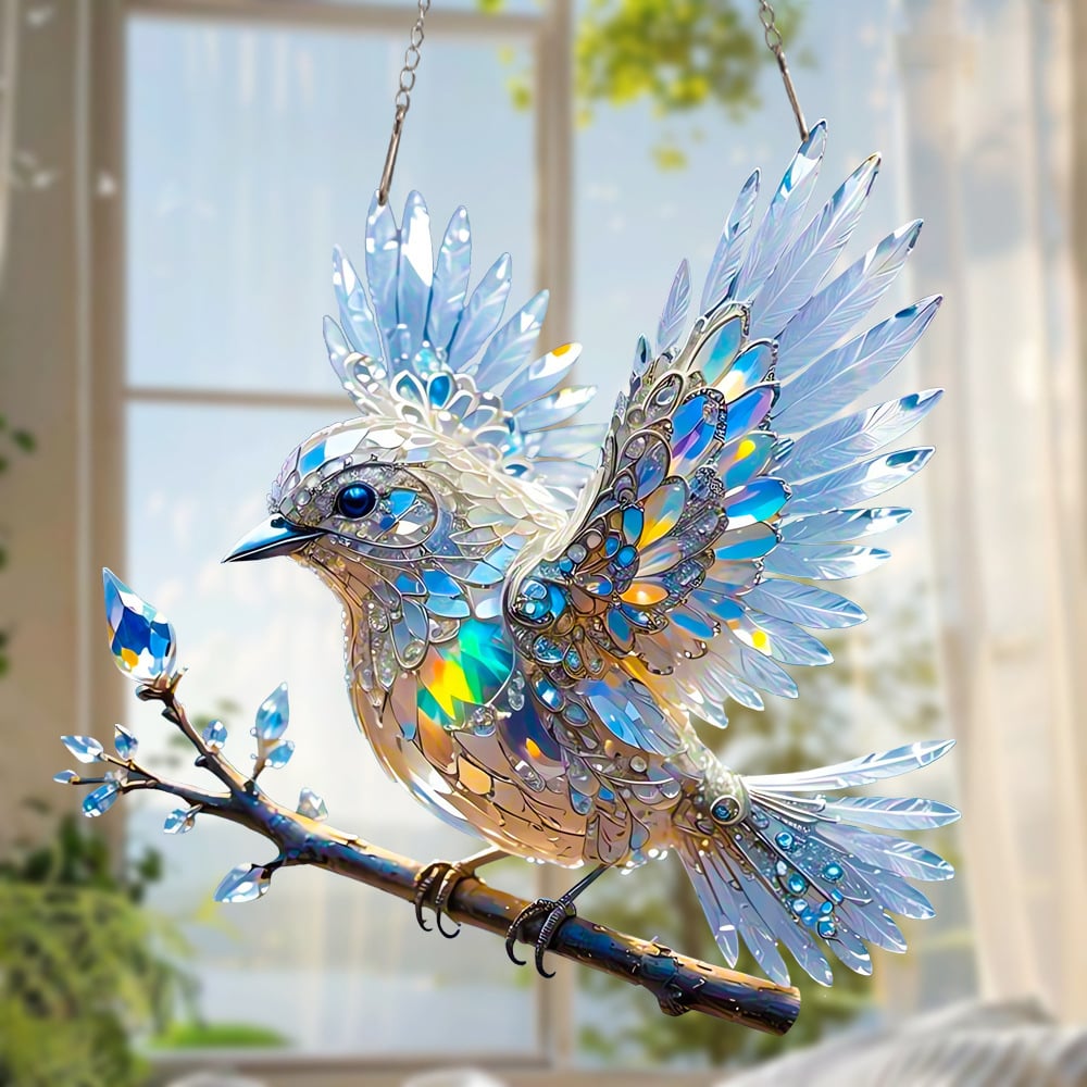 🐦✨Kristall blå fågel i himmels – målad glaskonst hänge