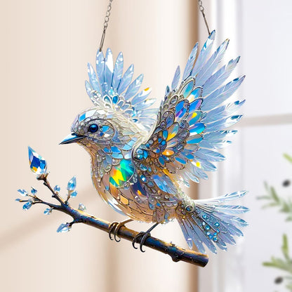🐦✨Kristall blå fågel i himmels – målad glaskonst hänge